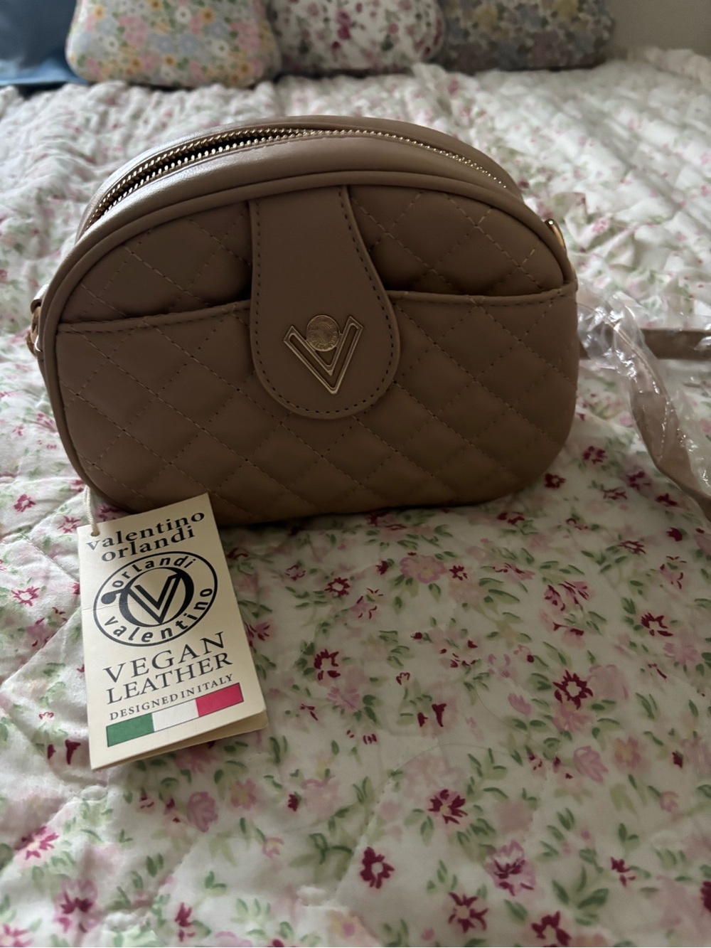 Valentino Orlandi taupe quilted crossbody bag with gold logo